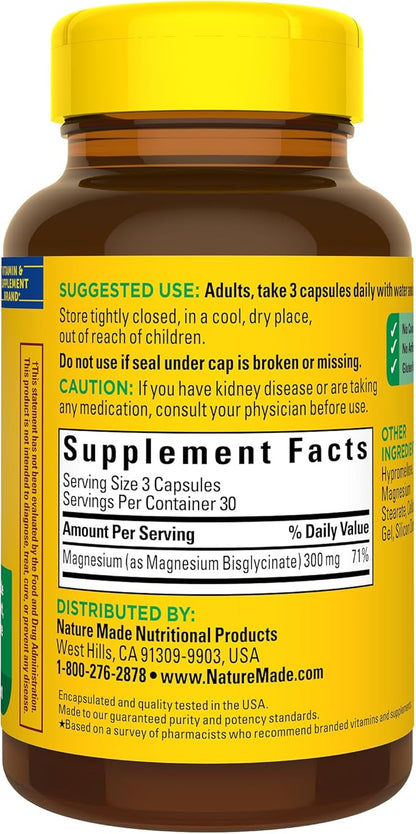 Nature Made High Absorption Magnesium Glycinate 300mg per 3 Capsules, Magnesium Supplement for Muscle, Heart, Nerve and Bone Support, 90 Magnesium Bisglycinate Capsules, 30 Day Supply