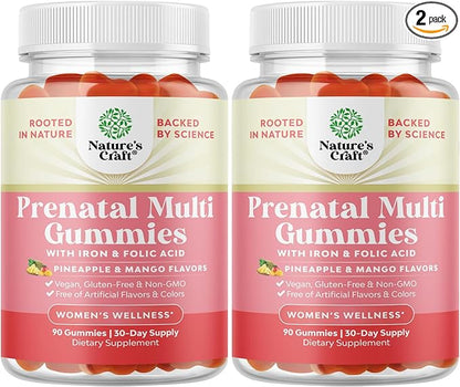 Vegan Prenatal Gummies for Women - Gummy Prenatal Vitamins for Women with Iron Folic Acid and Superfruit Blend - Chewable Prenatal Vitamins for Women Gummy Formula (Pineapple Mango) - 2 Months