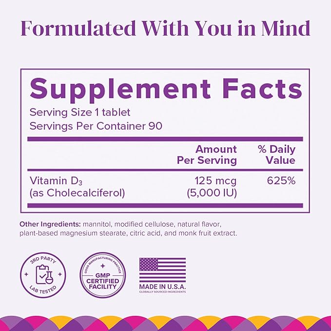 BariMelts Vitamin D3 5000 IU - 90 Fast-Dissolving Tablets (3-Month Supply) - Bariatric Vitamins for Women, Natural Apple Flavor
