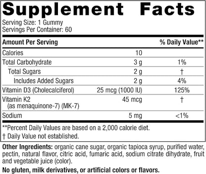 Nordic Naturals Vitamin D3 + K2 Gummies, Pomegranate - 60 Gummies - 1000 IU Vitamin D3 + 45 mcg Vitamin K2 - Great Taste - Bone Health, Promotes Healthy Muscle Function - Non-GMO - 60 Servings