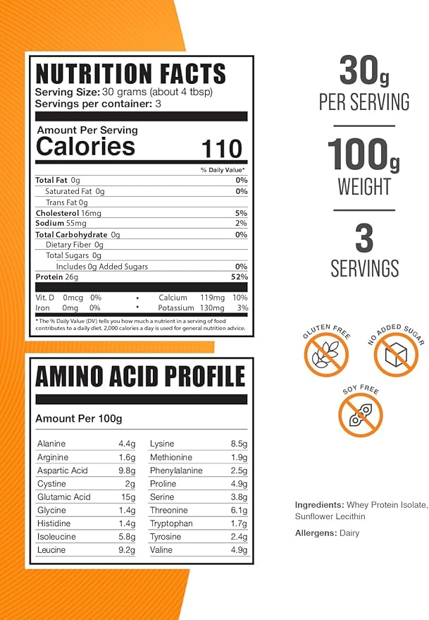 BulkSupplements.com Hydrolzyed Whey Protein Isolate Powder - Unflavored Whey Protein Powder, Plain Protein Powder - Gluten Free, 30g per Serving, 100g (3.5 oz) (Pack of 1)