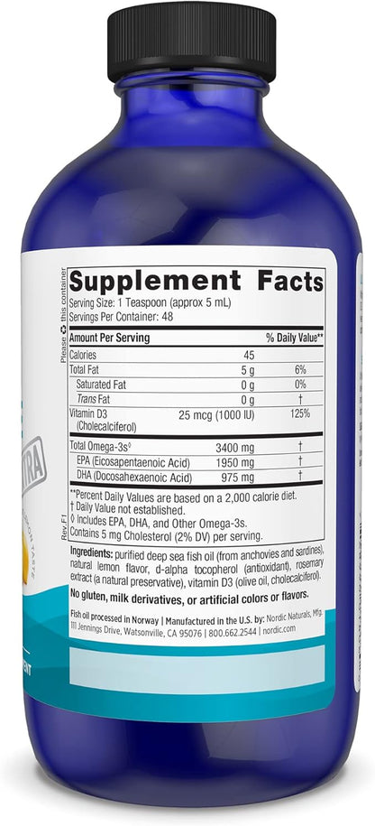 Nordic Naturals Ultimate Omega Xtra Liquid, Lemon Flavor - 8 oz - 3400 mg Omega-3 + 1000 IU Vitamin D3 - Omega-3 Fish Oil - EPA & DHA - Brain, Heart, Joint, & Immune Health - Non-GMO - 48 Servings