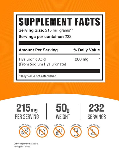 BulkSupplements.com Hyaluronic Acid Powder - Hyaluronic Acid Supplements, Hyaluronic Acid 215mg - Hyaluronic Acid Food Grade, Gluten Free - 215mg per Serving, 50g (1.8 oz) (Pack of 1)