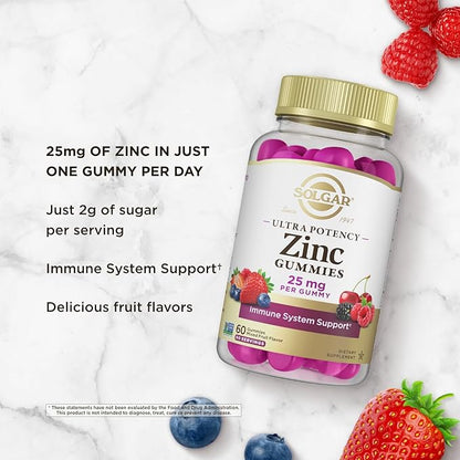 Solgar Zinc Gummies Adult Vitamin with 25mg Ultra Potency Zinc Citrate for Immune Support - Mixed Fruit Flavor, Vegan, Kosher & Gluten Free Gummy Supplements for Women & Men, 2g Sugar, 60 Servings