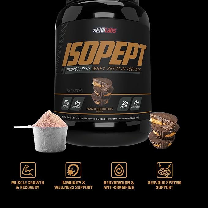 IsoPept Hydrolyzed Whey Protein Powder by EHPlabs - 100% Whey Protein Isolate & Hydrolysate, 27g of Protein, Non-GMO, Gluten Free, Fast Absorbing, Easy Digesting, 27 Serves (Peanut Butter Cups)