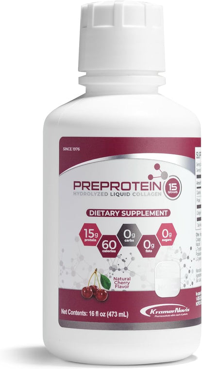 PreProtein 15® Liquid Collagen Predigested Protein, Used by Hospitals, Doctor Recommended, 15g Protein per Serving, Sugar-Free, All Amino acids, for bariatric, Wound Care, Dialysis Support (Cherry)