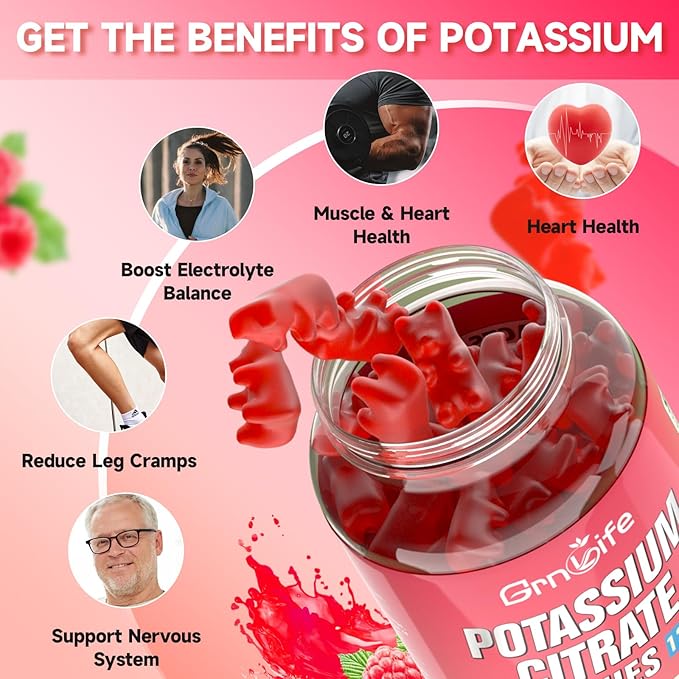 Potassium Citrate Gummies, High Potassium Supplement Gummies 1200mg Support Leg Cramps & Muscle Health, Potassium Gummies for Adults & Kids, Vegan, Raspberry Flavor 120 Count