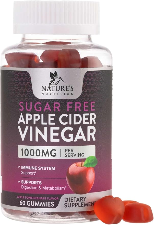 Nature's Nutrition Apple Vinegar Gummy for Weight Loss 1000mg - Vegan Apple Cider Vinegar Gummies for Detox & Cleanse, ACV Supplement Pills, Vitamin B12, Sugar Free ACV Gummy, Non-GMO - 60 Gummies