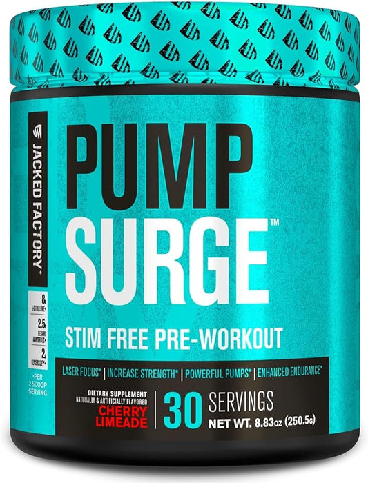 Jacked Factory Pumpsurge Caffeine Free Pre Workout for Men & Women - Nootropic Booster & Stim Free Pre Workout - Intense Pumps, Enhanced Focus - 30 Servings, Cherry Limeade