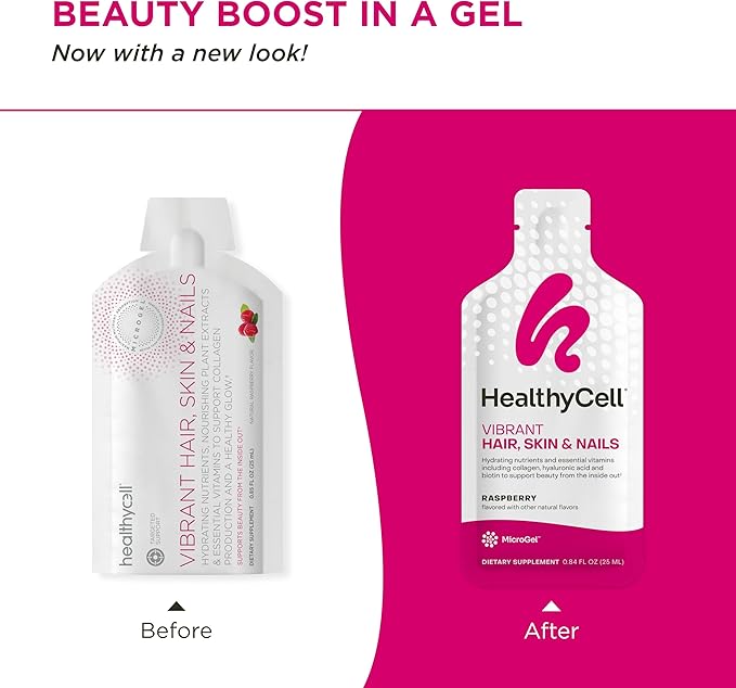 Healthycell Vibrant Hair, Skin & Nails - Hair Vitamins with Liquid Collagen for Women - Hyaluronic Acid Supplement with Collagen Peptides, Vitamin E, Biotin - Maximum Absorption - 30 Gel Packs