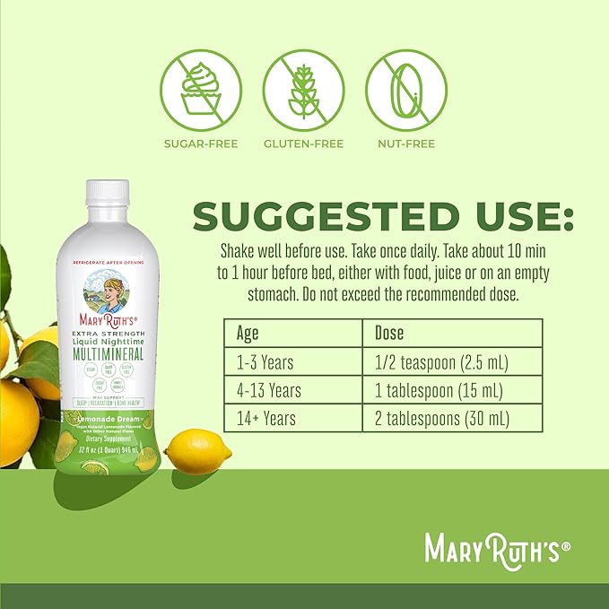 MaryRuth Organics Extra Strength Nighttime Liquid Multimineral Sleep Supplement | Sugar Free | Calm Magnesium Citrate | NO Melatonin | Calcium Magnesium Zinc | Lemonade Flavor | Vegan | 32 Servings
