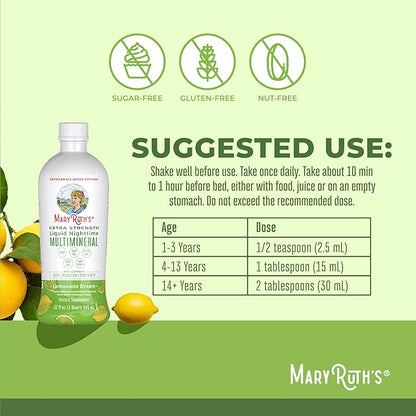 MaryRuth Organics Extra Strength Nighttime Liquid Multimineral Sleep Supplement | Sugar Free | Calm Magnesium Citrate | NO Melatonin | Calcium Magnesium Zinc | Lemonade Flavor | Vegan | 32 Servings