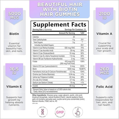 Hello Lovely! Hair Vitamins Gummy with Biotin 5000 mcg Vitamin E & C Support Hair Growth, Premium Vegetarian Non-GMO, for Stronger Beautiful Hair, Skin & Nails Supplement - 60 Bear Gummies
