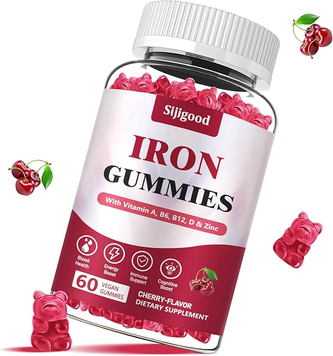 Vegan Iron Supplement for Women, with Vitamin A, C, B6, B12, Folate and Zinc, Energy Boost, Sugar Free, No After Taste - Delicious Cherry Flavor, 60 Count