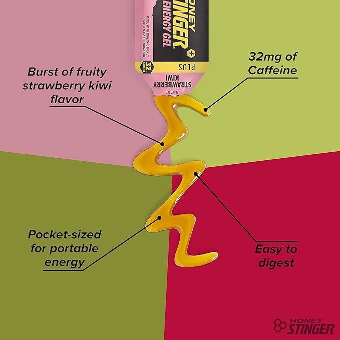 Honey Stinger Organic Strawberry Kiwi Energy Gel | Caffeinated & Gluten Free | For Exercise, Running and Performance | Sports Nutrition for Home & Gym, Pre and Mid Workout | 12 Pack, 13.2 Ounce