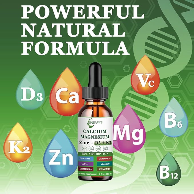 Calcium Magnesium Zinc Liquid Drops, Liquid Magnesium Glycinate 500mg Calcium 1000mg with Vitamin D3,K2,B6,B12,Coq10,6X Stronger Than Gummies Capsules (2 Pack)