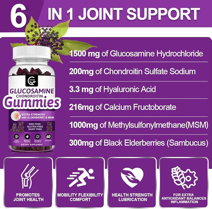 Glucosamine Chondroitin Gummies with MSM & Elderberry Extra Strength - Joint Support, Antioxidant Immune Support Supplement for Adults, Men & Women - 60 Chondroitin Gummies (2 Pack)