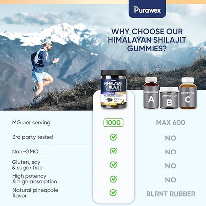 Shilajit Gummies 1000mg for Men and Women, Energy, Immunity Support, Pure Himalayan Shilajit Gummies with Ashwagandha, Sugar Free, Vegan, Pineapple Flavor, 30 Day Supply, Manganese, 60 pcs