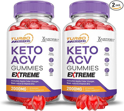 (2 Pack) Turbo Ripped Keto ACV Gummies Extreme 2000MG Turbo Ripped Keto Gummies Apple Cider Vinegar Formulated with Pomegranate Beet Juice Powder B12 Vegan Non GMO 120 Gummys