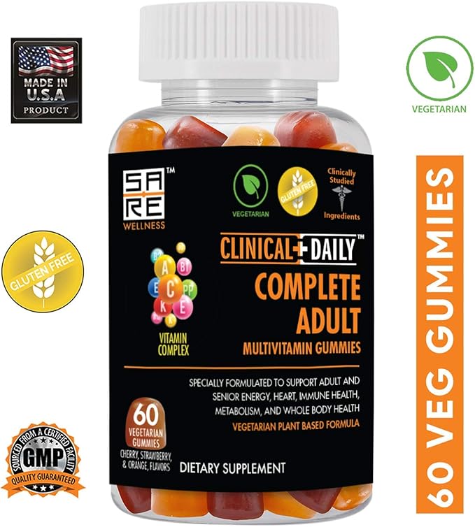 Clinical Daily Complete Daily Multivitamin Gummy for Women, Men, Teens, or Seniors. Contains Vitamins A, E, C, and B Complex from Superfood Fruits & Vegetables. 60 Vegetarian, Gluten Free Gummies