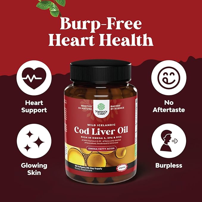 Icelandic Cod Liver Oil Softgels - Wild Caught EPA DHA Omega 3 Fish Oil 1000mg per serving - Sustainably Sourced Burpless Fish Oil Supplement with Vitamin D3 & A for Heart Joint Brain & Immune Support