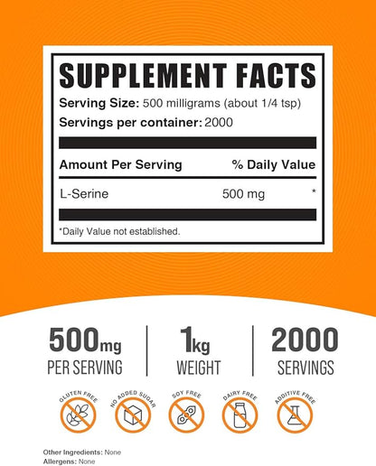BulkSupplements.com L-Serine Powder - Serine Supplement, L-Serine 500mg - Amino Acid Supplement for Immune Support - Gluten Free, 500mg per Serving, 1kg (2.2 lbs) (Pack of 1)