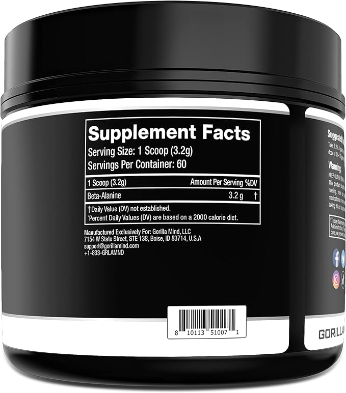 Gorilla Mode Beta-Alanine – Carnosine Precursor/Enhanced Muscular Endurance / 3.2 Grams per Servings