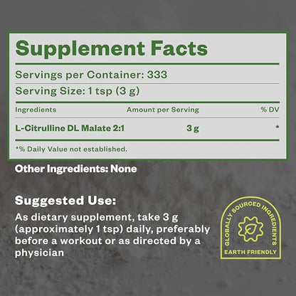 Citrulline Malate 2:1 Powder, 1 kg, Citrulline Supplement and Citrulline Nitrate for Strength Performance and Energy, Pre-Workout L Arginine L Citrulline Supplement Powder, 334 Servings