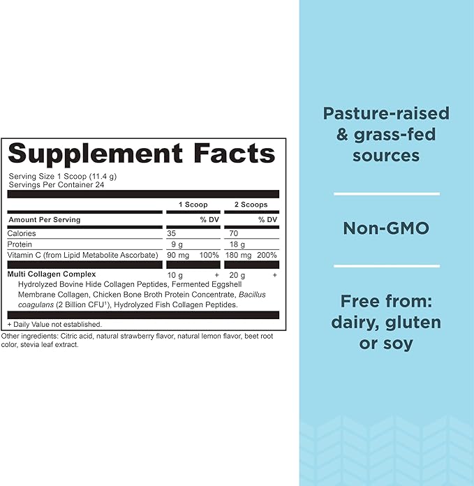 Ancient Nutrition Collagen Powder Protein, Multi Collagen Protein Powder, Strawberry Lemonade, 24 Servings, w/Vitamin C, Hydrolyzed Collagen Peptides for Skin, Nails, Gut Health and Joints, 9.65oz