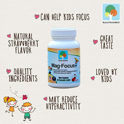 Magnesium Focus Supplement for Kids | Natural Strawberry Flavored | 90 Chewable Tablets