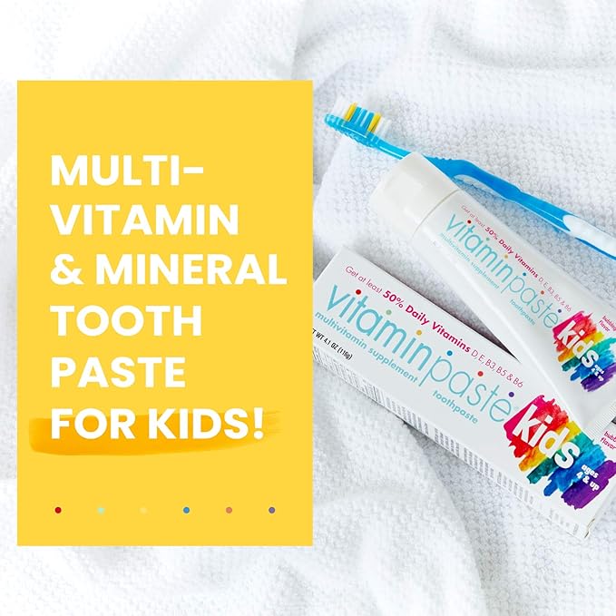 Kids Toothpaste with Daily Multivitamins B3, B5, B6, D, E, Xylitol, Calcium, Fluoride Free, Fresh Breath, Fights Tarter, Anti-Cavity, Safe to Swallow, 4.1oz, Bubble Gum Flavor, 4-Pack
