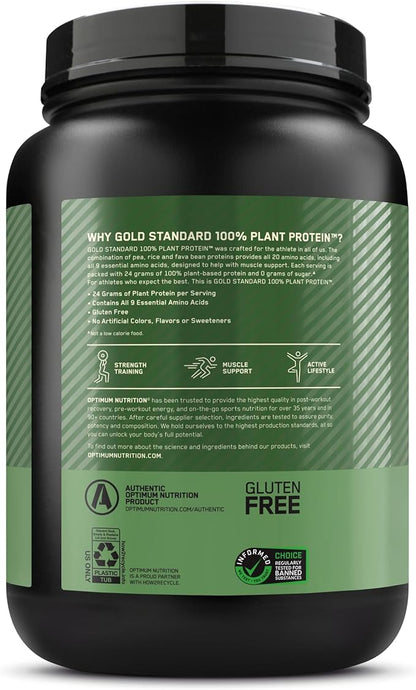 Optimum Nutrition Gold Standard 100% Plant Based Protein Powder, Gluten Free, Vegan Protein for Muscle Support and Recovery with Amino Acids - Rich Chocolate Fudge, 20 Servings (Packaging May Vary)