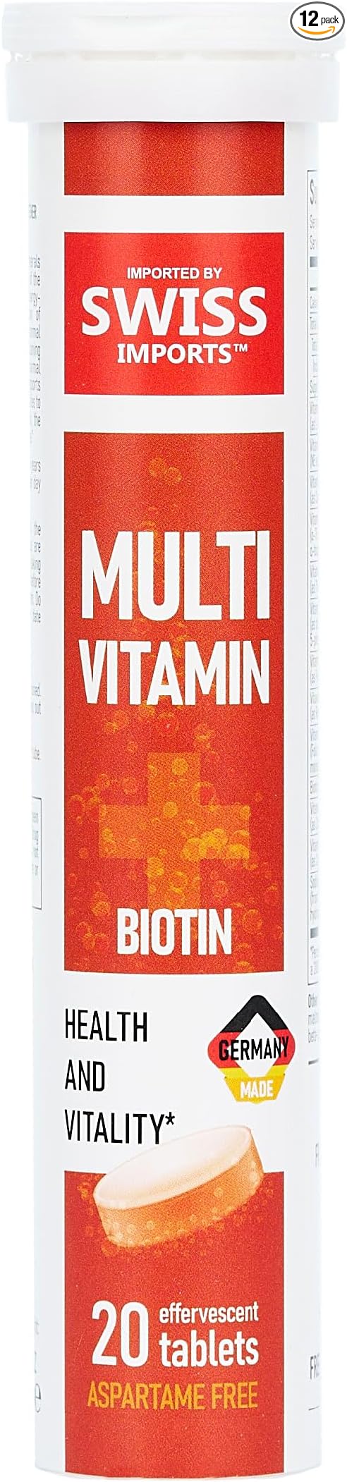 Effervescent Multivitamins + Biotin for Wellness and Vitality Dietary Supplement with Vitamins C, E, B1, B2 B6, B12, A, and D3, 12-Pack, 240 Tablets