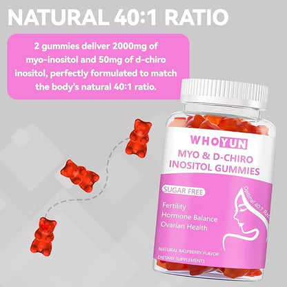 Inositol Gummies Sugar Free, Myo-Inositol & D-Chiro Inositol 40:1 Ratio Supplement for Women, Fertility, Hormone Balance, Ovarian Health, 60 Count