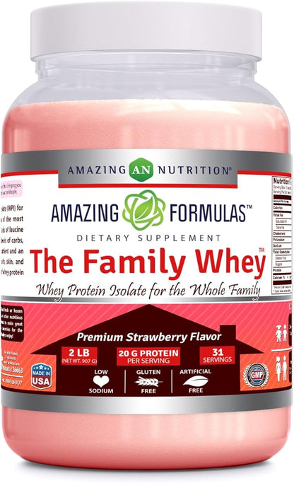 Amazing Formulas The Family Whey Protein (Isolate) Powder for The Whole Family - 2 lbs - Most Complete & Purest Form of Protein - Gluten Free (Strawberry)