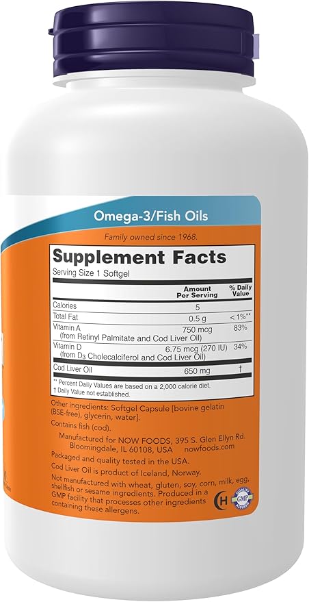 NOW Foods Supplements, Cod Liver Oil 650 mg, Excellent Source of Vitamins A and D-3, 250 Softgels