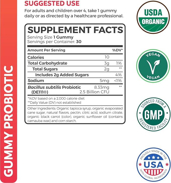 USDA Organic Probiotics for Kids (Non-GMO) Strawberry Flavor Kids Probiotic Gummies for Digestion & Immune Support - 2.5 Billion CFU of DE111 Spore Forming Strain for Maximum Survivability - 30 Gummys