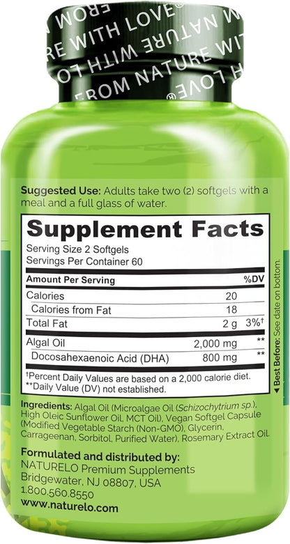NATURELO Vegan DHA - Omega 3 Oil from Algae - Supplement for Brain, Heart, Joint, Eye Health - Provides Essential Fatty Acids for Women Men and Kids - Complements Prenatal Vitamins - 120 Softgels