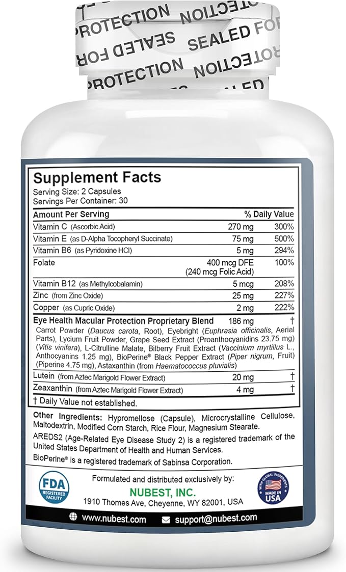 NuBest AREDS 2 Eye Vitamins Eye Health with Beta Carotene Carrot Powder, 20mg Lutein, 4mg Zeaxanthin, Bilberry, Grape Seed, BioPerine, B-Complex, Multivitamin for Eye Health - 120 Vegan Capsules