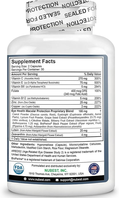 NuBest AREDS 2 Eye Vitamins Eye Health with Beta Carotene Carrot Powder, 20mg Lutein, 4mg Zeaxanthin, Bilberry, Grape Seed, BioPerine, B-Complex, Multivitamin for Eye Health - 60 Vegan Capsules