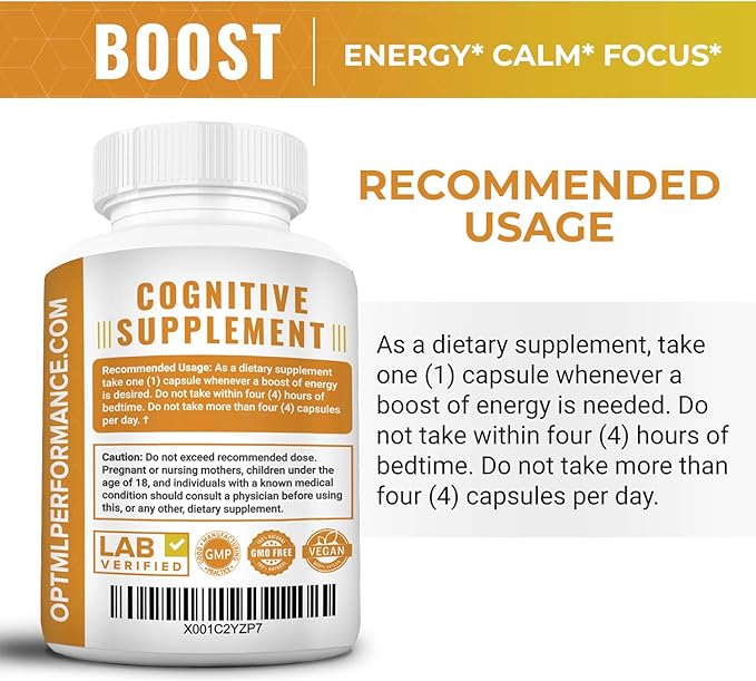 OPTML Boost, 100mg Caffeine Pills with 200mg L-Theanine, Energy Pills for Mood Elevation and Sharper Focus, Blend of Caffeine Anhydrous and Tea Derived L-Theanine, No Crash, No Jitters, 120 Capsules
