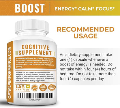OPTML Boost, 100mg Caffeine Pills with 200mg L-Theanine, Energy Pills for Mood Elevation and Sharper Focus, Blend of Caffeine Anhydrous and Tea Derived L-Theanine, No Crash, No Jitters, 120 Capsules
