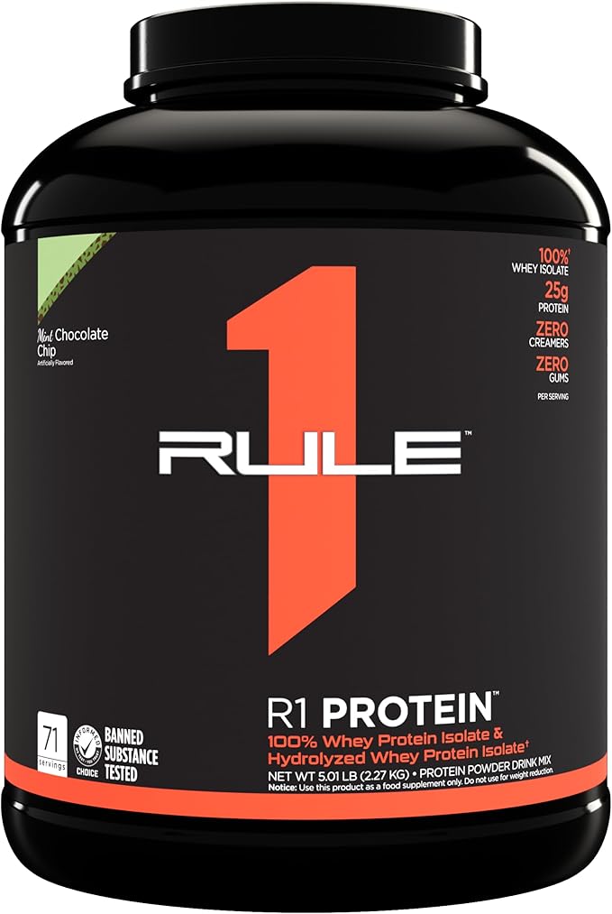 Rule One Proteins R1 Protein - 25g Fast-Acting, Super-Pure 100% Isolate and Hydrolysate Protein Powder with 6g BCAAs (5 Pounds*, Mint Chocolate Chip)