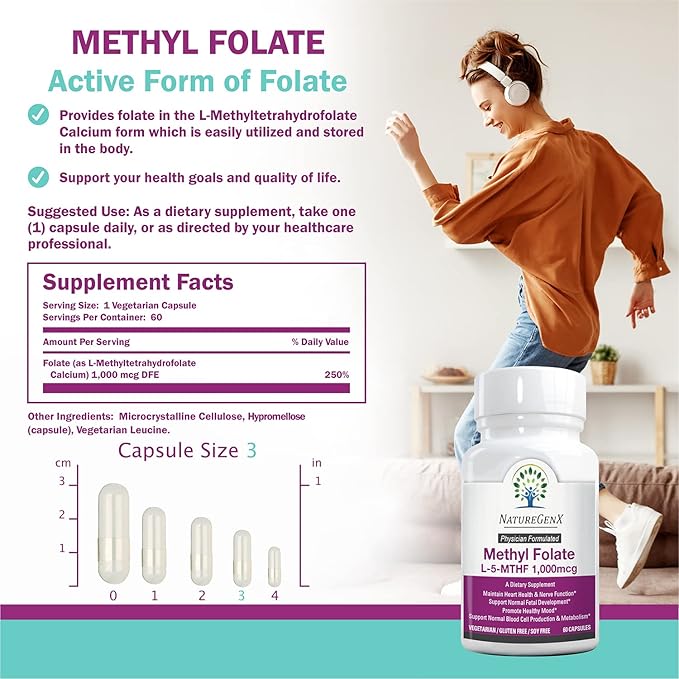Methylfolate MTHRF Supplement - 1000 mcg Bioactive Vitamin B9 (5-MTHF) - Supports Pregnancy & Fetal Health - 60 Capsules - Gluten-Free