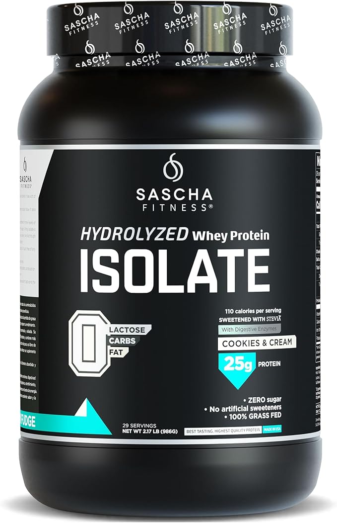SASCHA FITNESS Hydrolyzed Whey Protein Isolate,100% Grass-Fed (2 Pounds, Cookies & Cream)