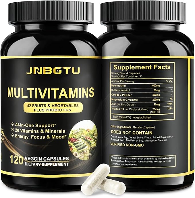 Myo-Inositol Supplement 1000mg, Magnesium Glycinate 200mg, D-Chiro Inositol 50mg, Omega-3 Powder 300mg, Zinc 10mg, Vitamin D3, Multivitamin/Multimineral Supplement. 120 Count