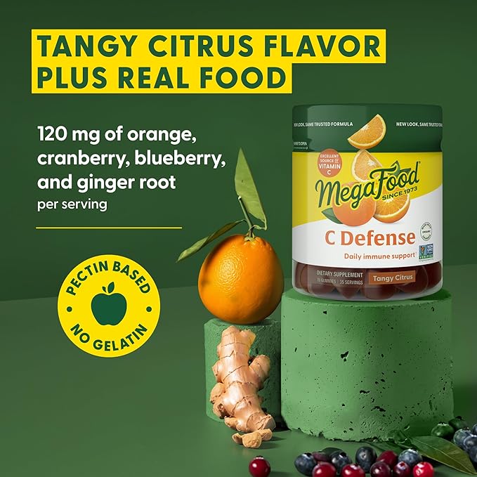 MegaFood C Defense Daily Immune Support Supplement - Chewable Vitamin C Gummies, Tangy Citrus Flavor, Made with Real Food Like Orange & Cranberry, Vegan, Gluten-Free - 70 Gummy Vitamins, 35 Servings