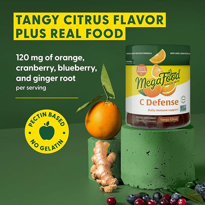 MegaFood C Defense Daily Immune Support Supplement - Chewable Vitamin C Gummies, Tangy Citrus Flavor, Made with Real Food Like Orange & Cranberry, Vegan, Gluten-Free - 70 Gummy Vitamins, 35 Servings