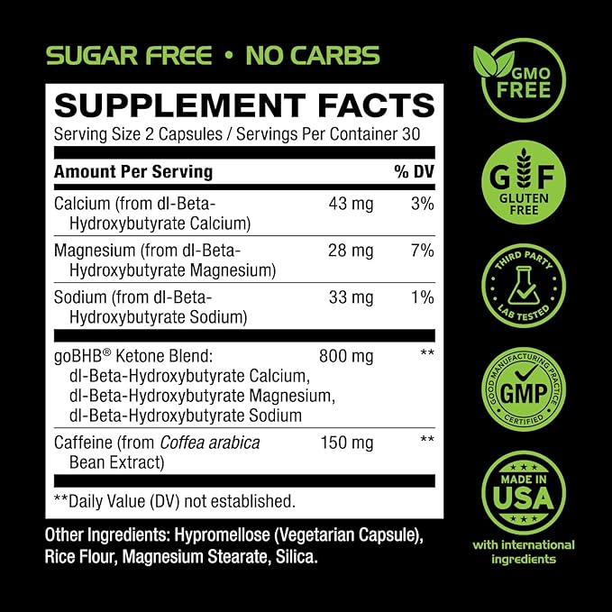 Keto BHB Exogenous Ketones Supplement - BHB Science Keto Diet Pills with Patented goBHB and Caffeine for Natural Energy Focus Body Sculpting & Ketosis Support - Vegetarian & Non-GMO (1 Month Supply)