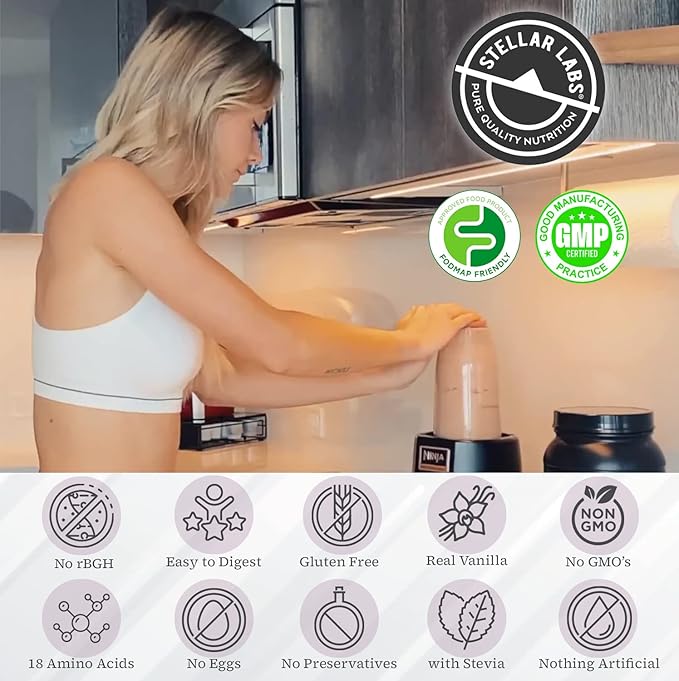 Stellar Labs Whey Protein Powder with BCAA's & Whey Isolate | Certified Low FODMAP, Non GMO, Gluten Free, Soy Free, Low Carb, Keto, with Stevia | All Natural Lean Post Workout Shakes | Vanilla